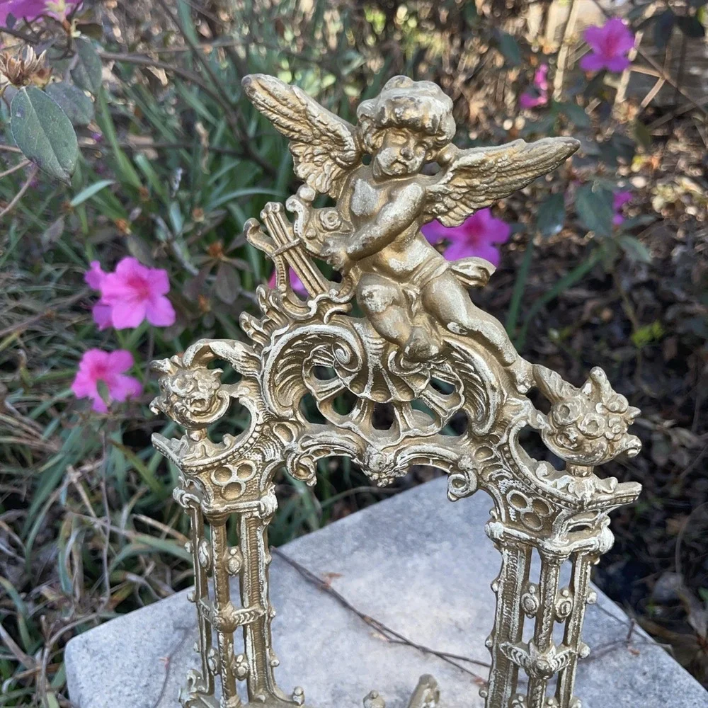 Rare Cherub Antique Ornate Cast Iron Angel Harp Picture Photo Frame 14